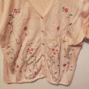 Women Knit Pink Cardigan Sweater with Needlepoint Flowers
